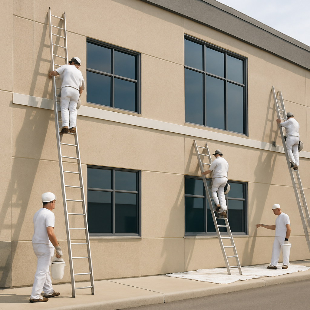 Professional painters working on a commercial building
