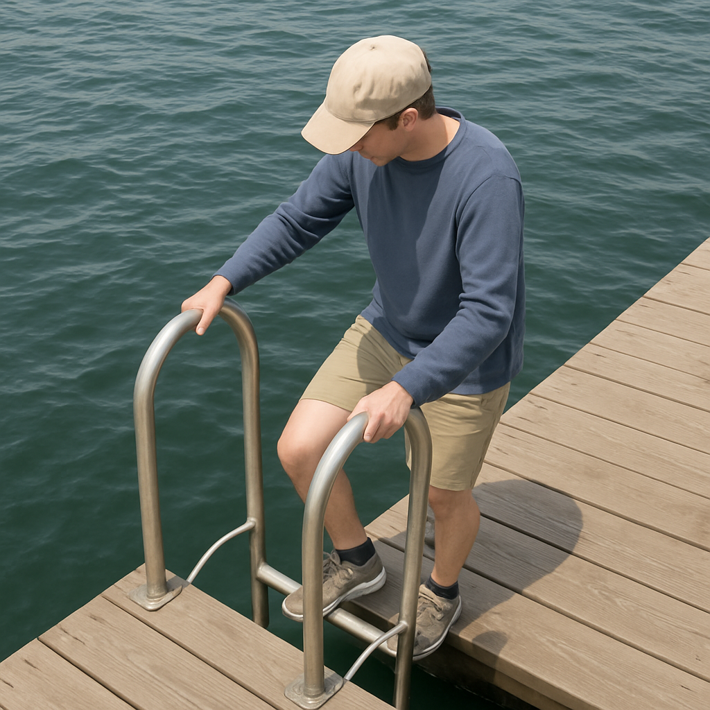 a person safely using a dock ladder